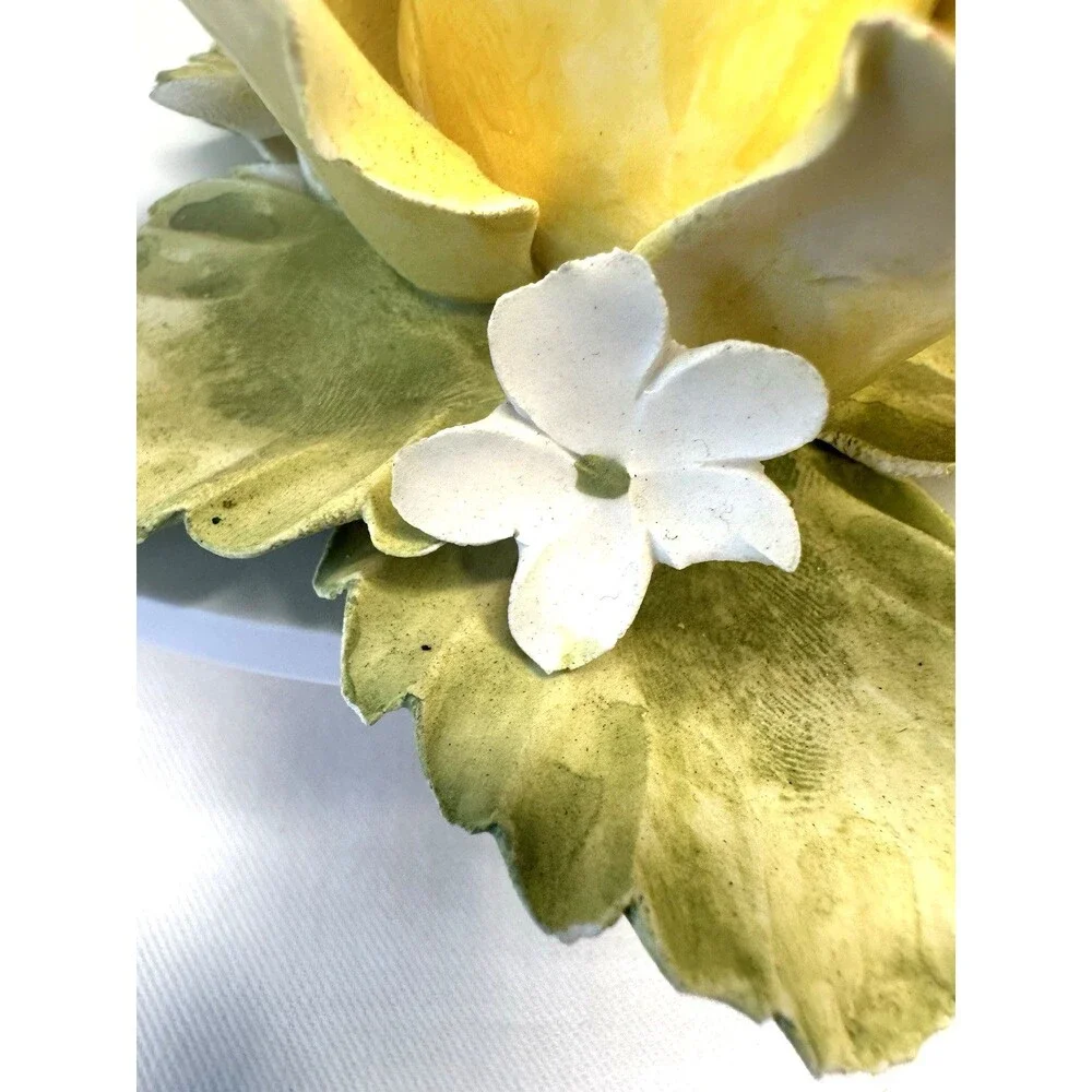 Vintage Set of 2 Mira Capodimonte Rose Single Candle Holders Yellow &White Italy